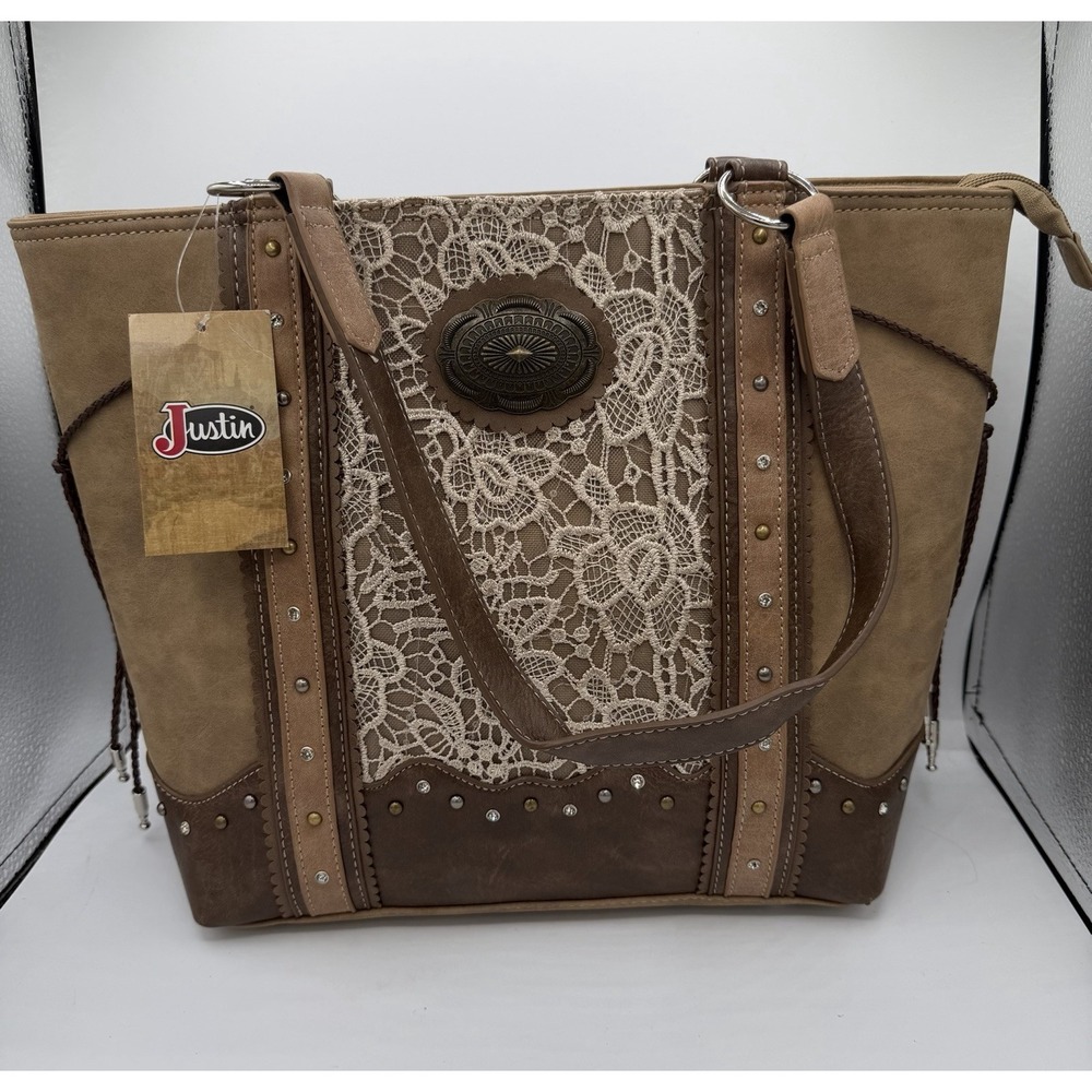 NWT JUSTIN Women's Conceal Carry Handbag Brown Lace Overlay Rhinestones Handbag